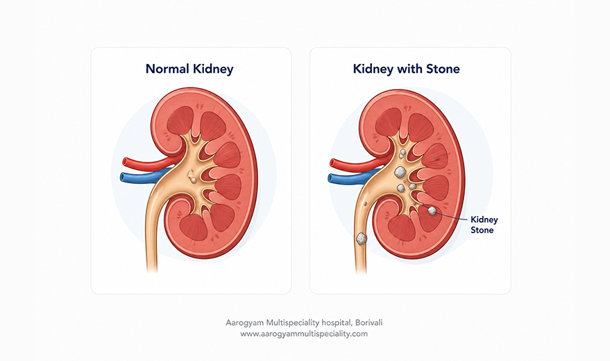 Illustration comparing a healthy kidney with a kidney affected by kidney stones during Mumbai monsoon, showing stone formation and urinary blockage.