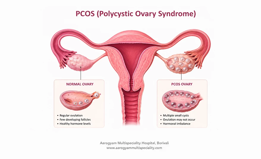 Illustration comparing a normal ovary and a PCOS-affected ovary within the female reproductive system, showing multiple ovarian cysts associated with Polycystic Ovary Syndrome (PCOS).